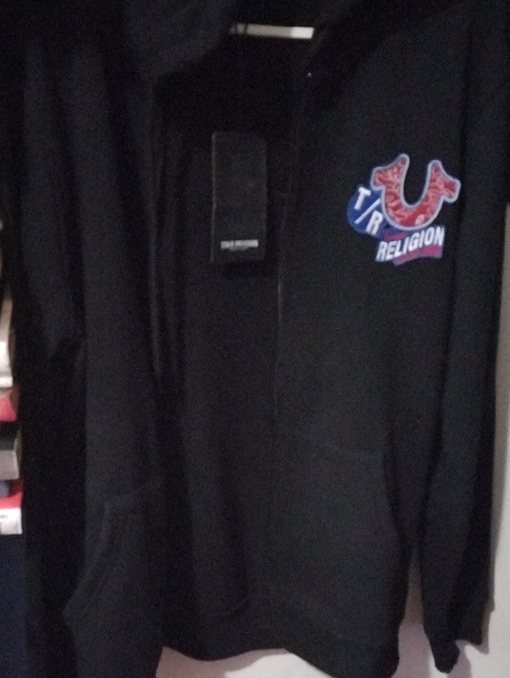 True Religion EMB Patch Hoodie Jet Black Size M NWT
